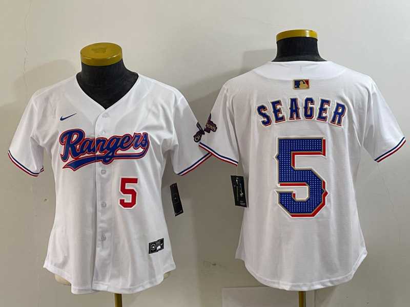 Women%27s Texas Rangers #5 Corey Seager Number White 2024 Gold Collection Limited Cool Base Jerseys